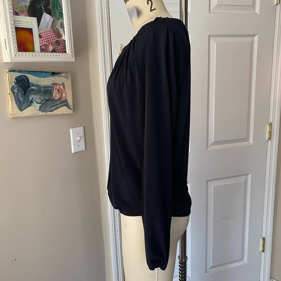 MICHAEL KORS Black Peasant Silky Slinky Gold Chain Blouse Tunic Shirt *SMALL* - Picture 3 of 5